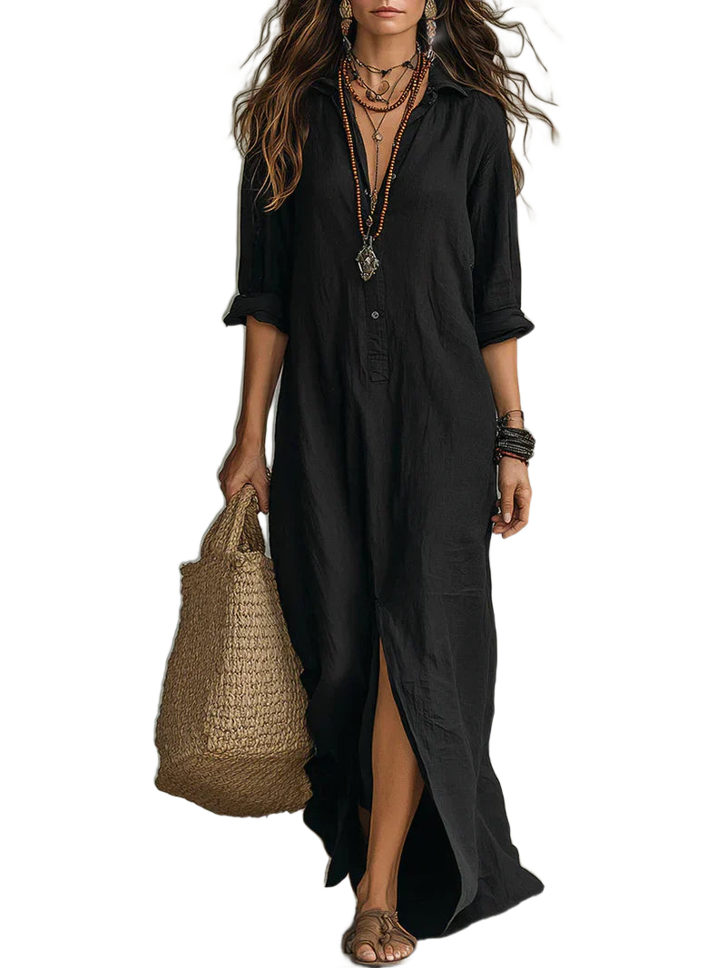 Céline - Vestido largo negro holgado con botones