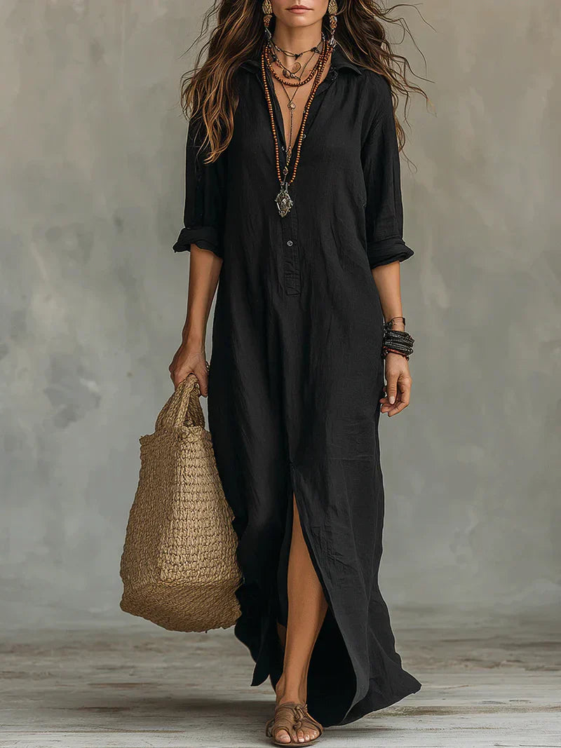 Céline | Vestido largo negro holgado con botones