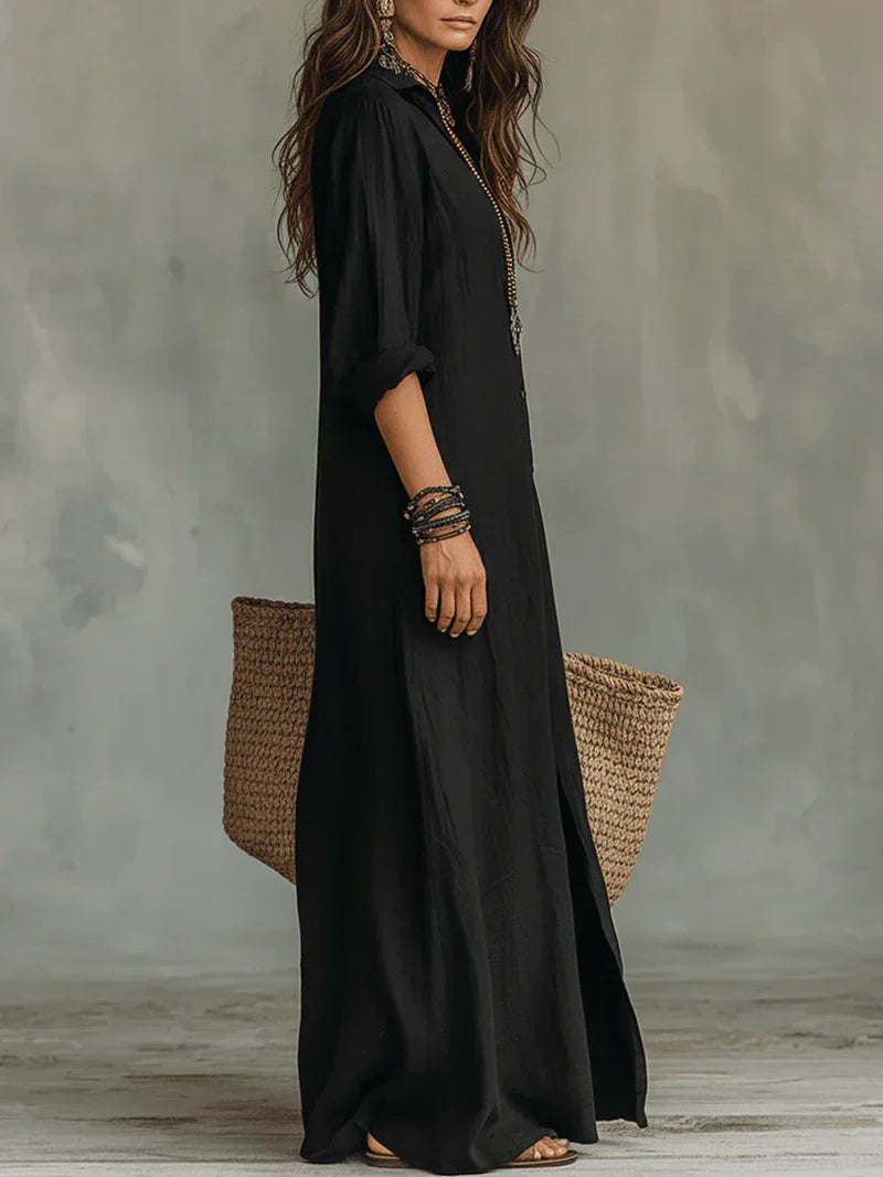 Céline | Vestido largo negro holgado con botones