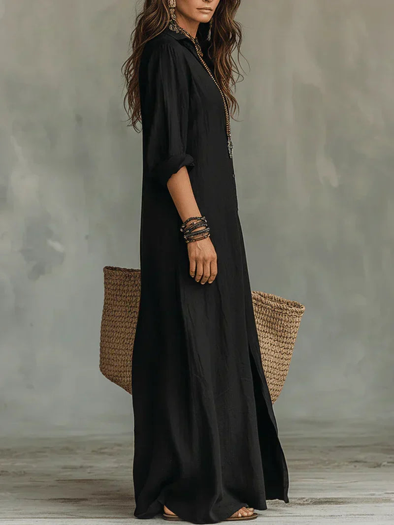 Céline | Vestido largo negro holgado con botones