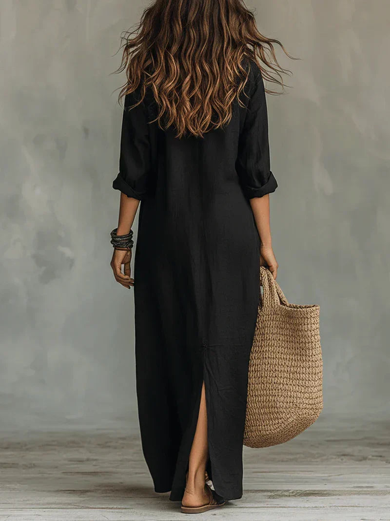 Céline | Vestido largo negro holgado con botones