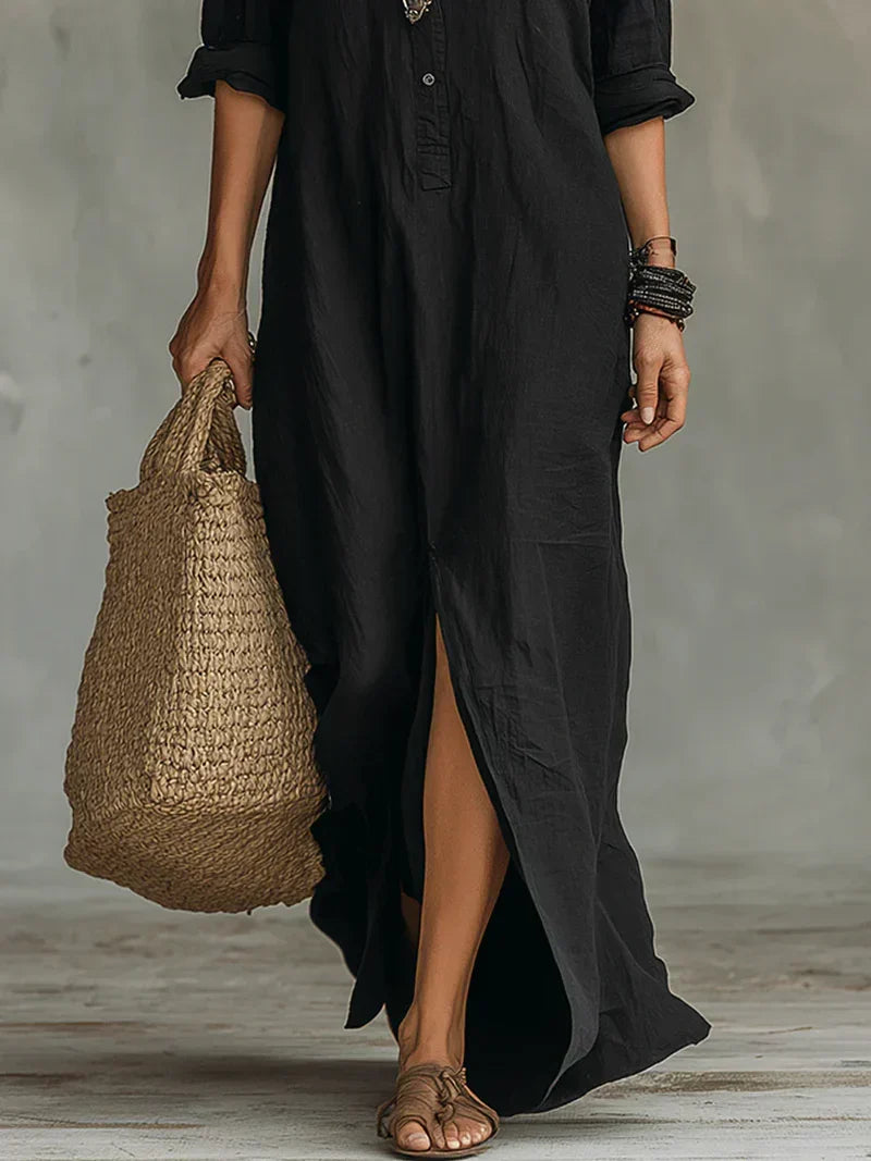Céline | Vestido largo negro holgado con botones