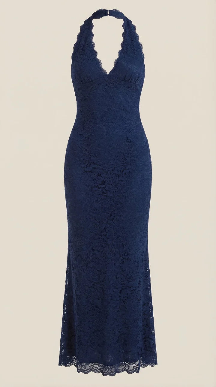 Vestido largo de encaje con escote halter Roxanne