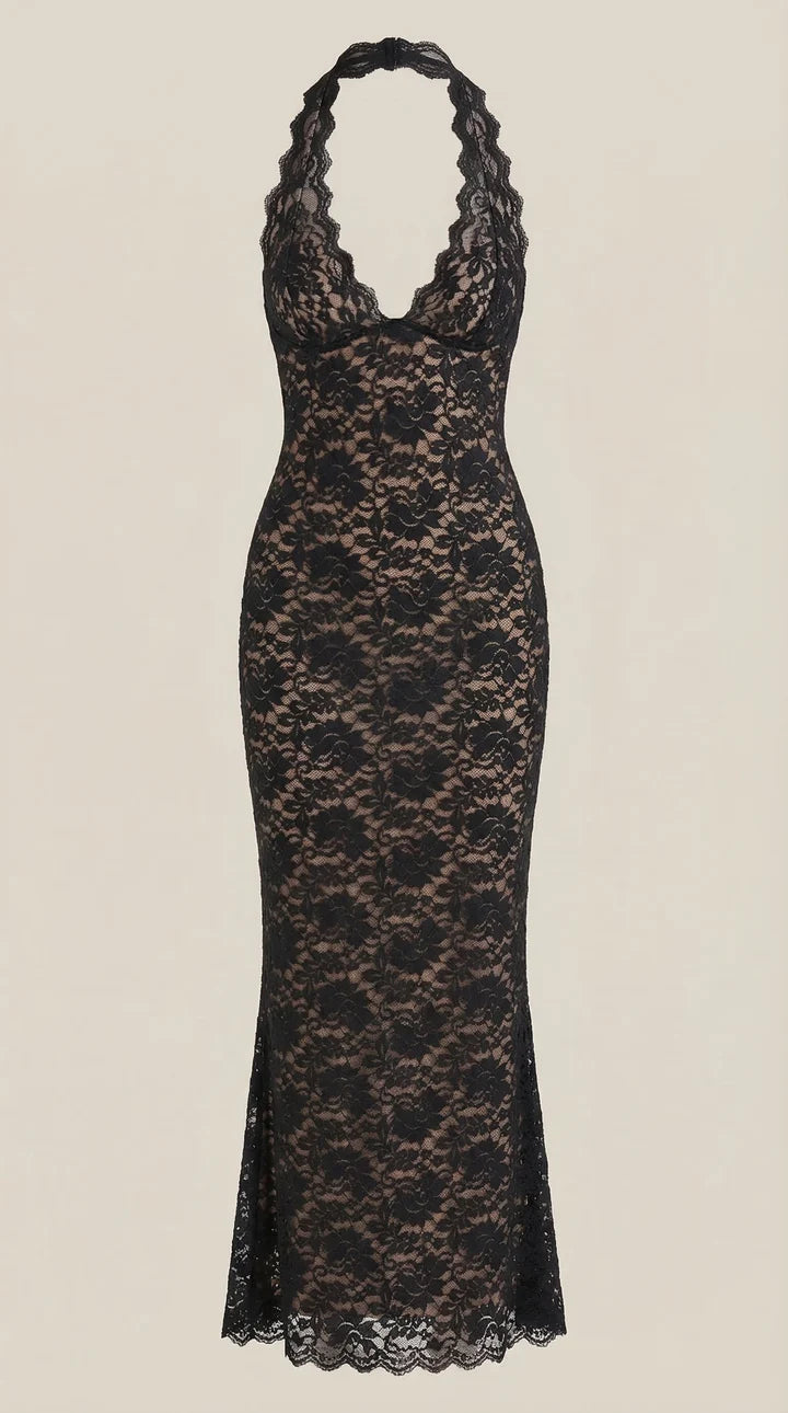 Vestido largo de encaje con escote halter Roxanne