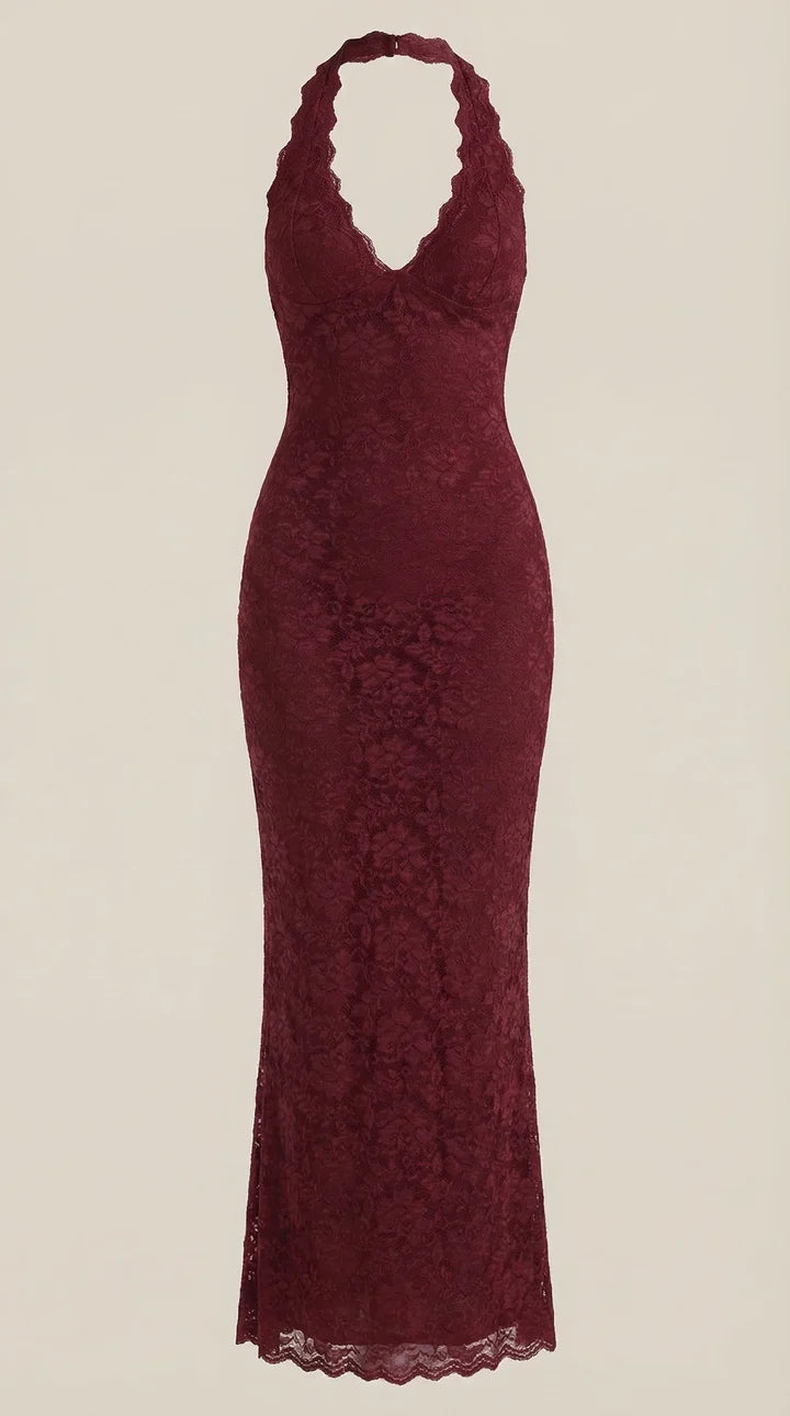 Vestido largo de encaje con escote halter Roxanne