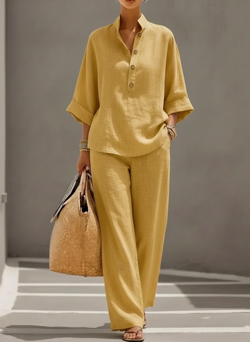 Maribel | Conjunto de lino con mangas de murciélago y pantalones anchos