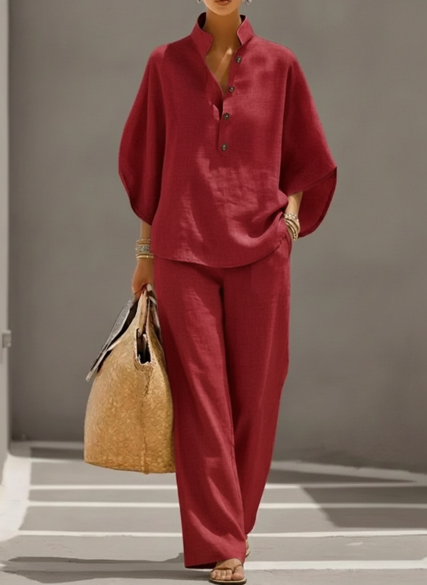 Maribel | Conjunto de lino con mangas de murciélago y pantalones anchos