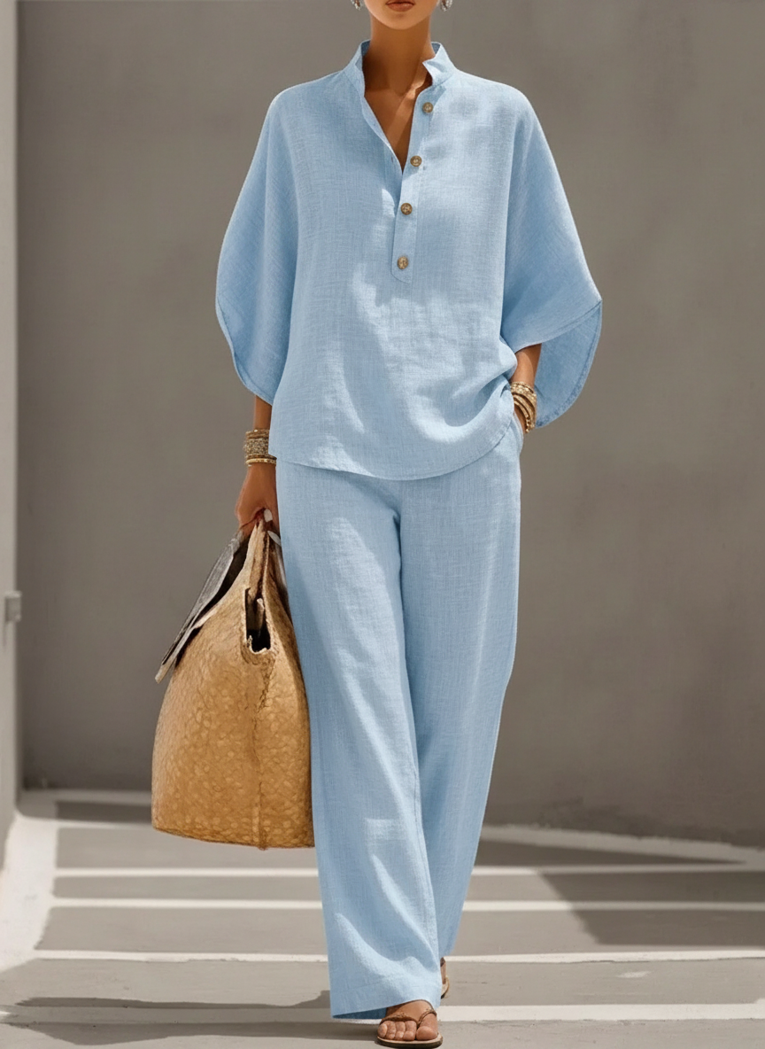 Maribel | Conjunto de lino con mangas de murciélago y pantalones anchos