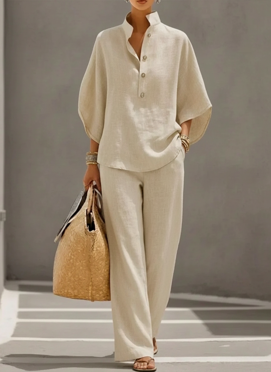 Maribel | Conjunto de lino con mangas de murciélago y pantalones anchos