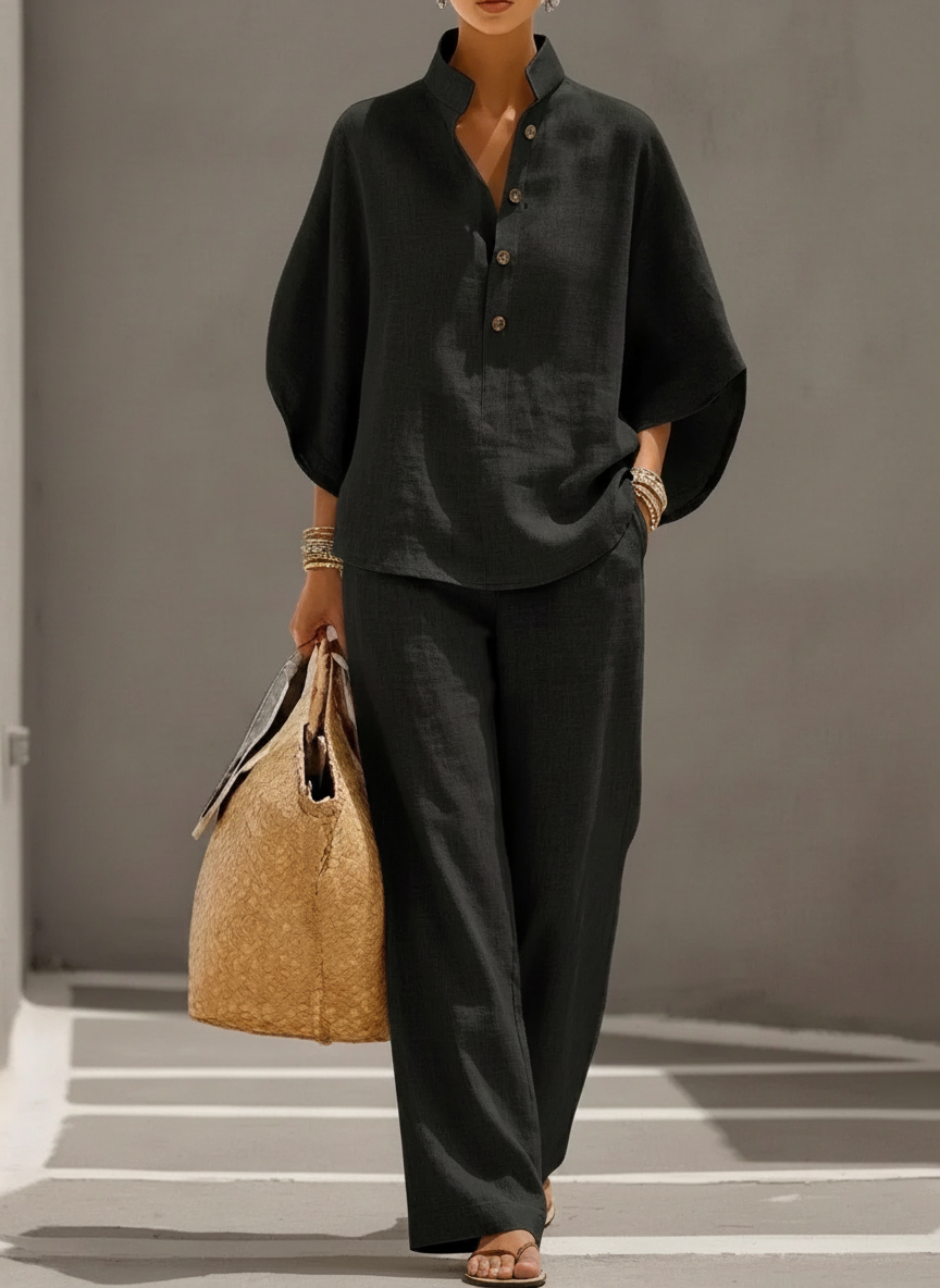 Maribel | Conjunto de lino con mangas de murciélago y pantalones anchos