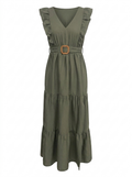 Vestido largo liso con cuello cruzado
