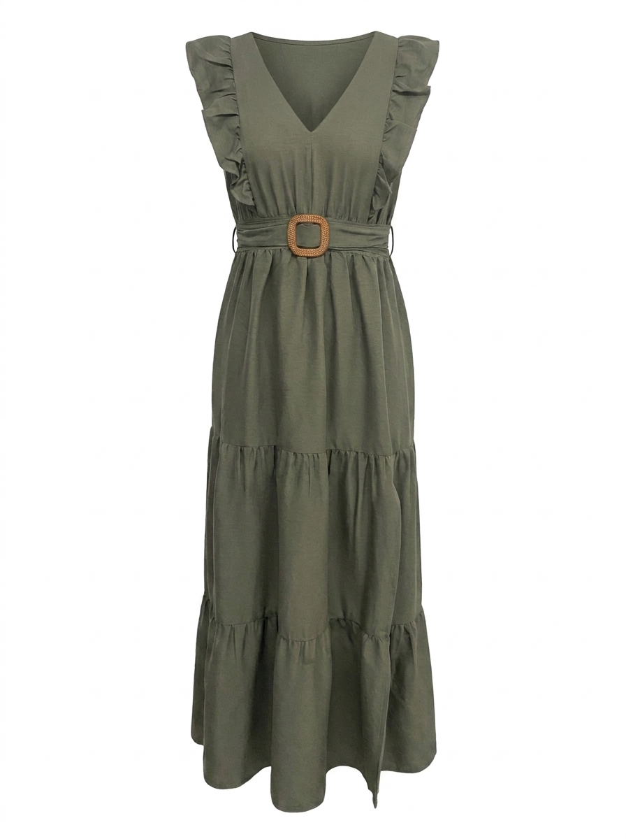 Vestido largo liso con cuello cruzado