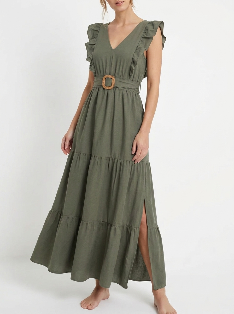 Vestido largo liso con cuello cruzado