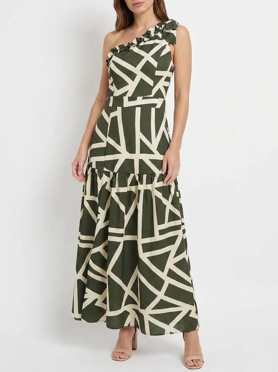 Vestido largo de un hombro con estampado gráfico