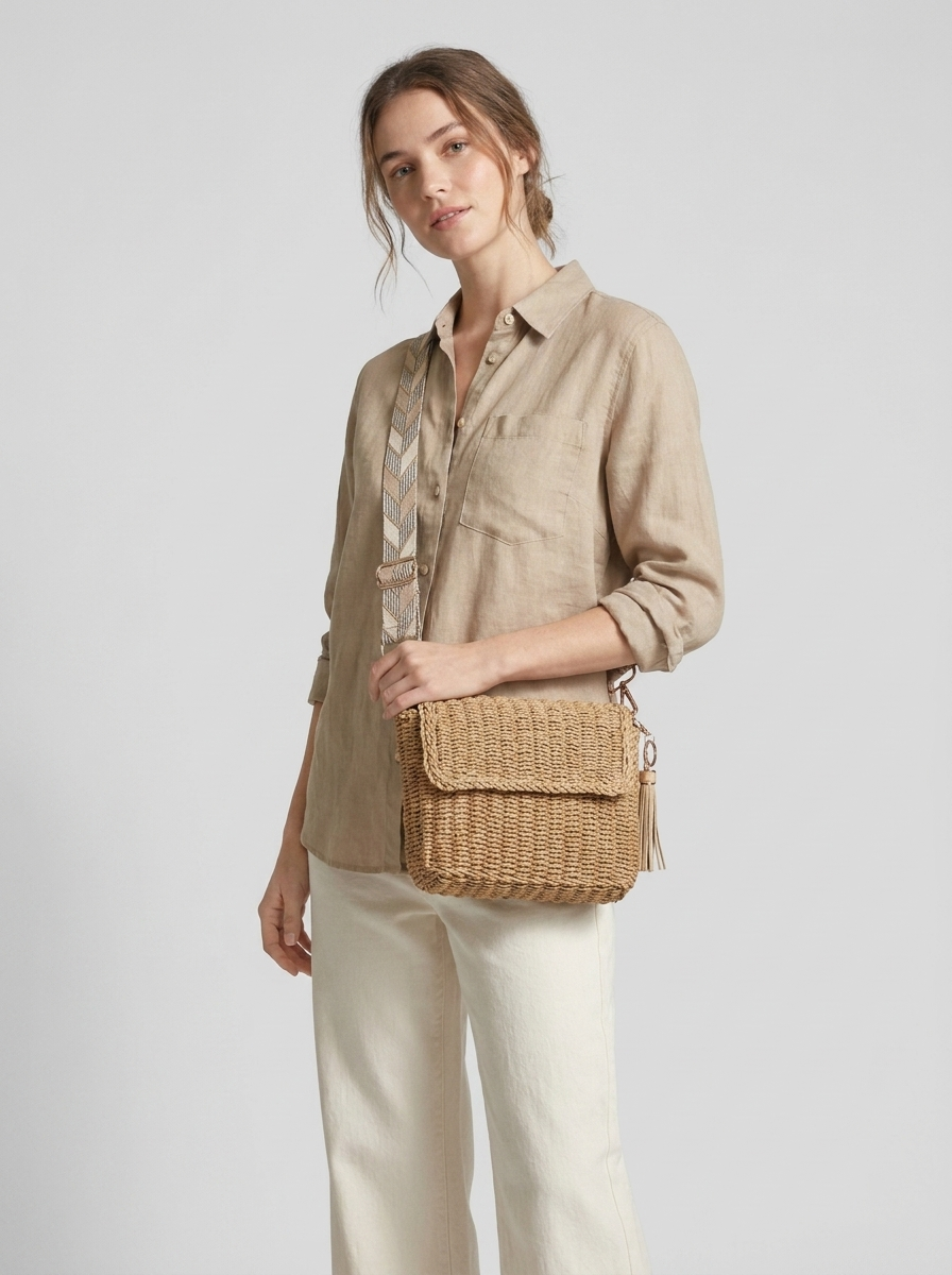 Bolso bandolera de rafia tejida con asa bordada