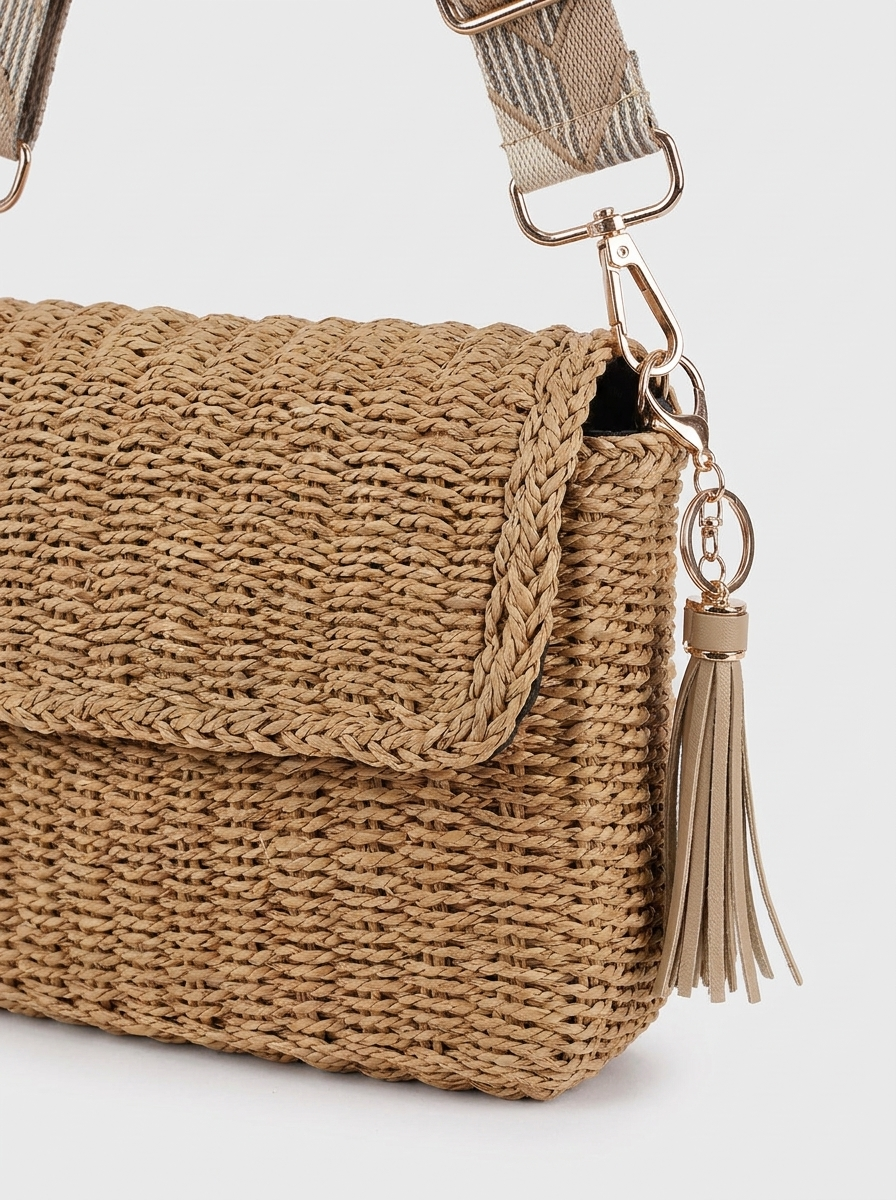 Bolso bandolera de rafia tejida con asa bordada